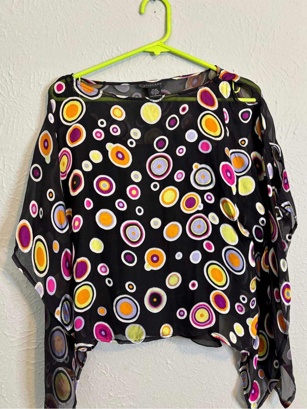 SilkLand Black Sheer Blouse with Yellow Pink Orange and Purple Circles